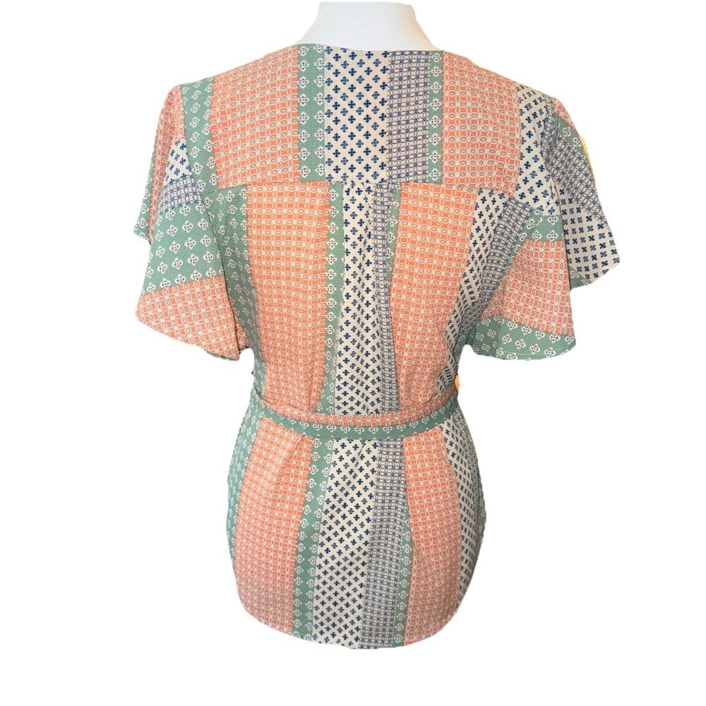 Faith and Joy Striped Patchwork Blouse Belted Waist Flutter Sleeve Size M - Picture 3 of 6